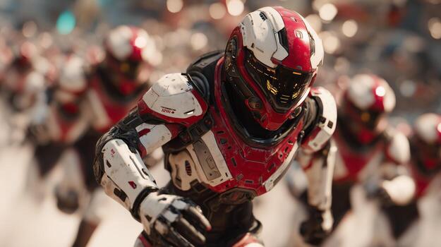 A heavily armored vanguard exosuit advances toward a massive swarm of enemy drones. The head-up display is filled with alerts, indicating intense combat readiness in a futuristic battleground. photo