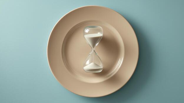An hourglass rests in the center of an empty plate, symbolizing the concept of intermittent fasting. The background features a soft blue color, enhancing the minimalist aesthetic. photo