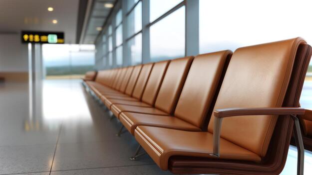 A spacious airport terminal features rows of empty brown seating. Bright windows reveal a cloudy sky, hinting at a possible delay in travel plans. photo