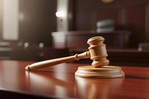 Wooden Gavel Resting on Polished Wood Block in Dimly Lit Courtroom photo