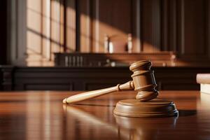 Wooden Gavel and Sounding Block on Polished Table in Courtroom with Dramatic Sunlight photo