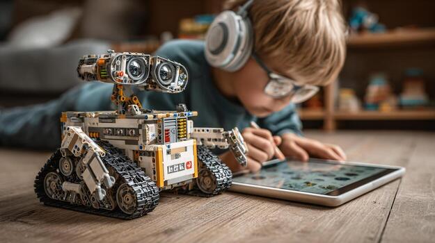 comprometido niño programación un robot con tableta durante vástago actividad foto