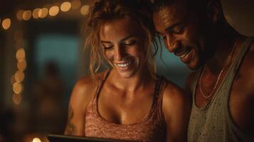 couple engaging in fun dance workout session using tablet photo