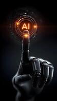 Close-Up of a Human Finger Engaging with a Glowing AI Symbol on a Digital Screen photo