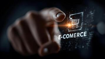AI Businessman Reaching for Floating E-Commerce Icon with Chart photo