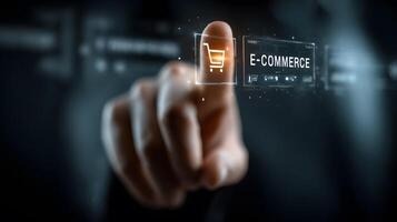 Business Entrepreneur Engaging with Innovative E-Commerce Shopping Cart Design photo