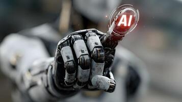 image showcasing a robot finger delicately interacting with a luminous glowing AI symbol photo