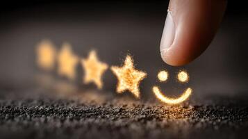 Close-Up Tapping a Smiley Face Rating Icon with Glowing Stars photo