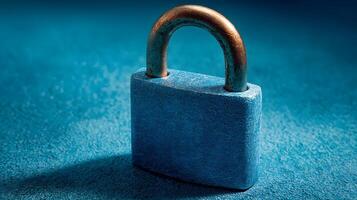 Blue padlock symbolizing security rests on a vibrant teal background photo