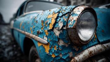 Severely Dented Car Door Revealing Blue Paint Damage and Texture photo