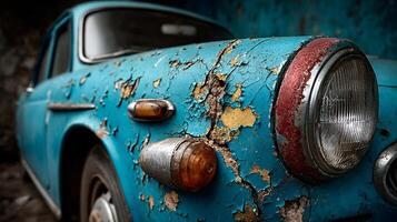 Close-Up of a Car Door with Distressed Blue Paint and Dents photo