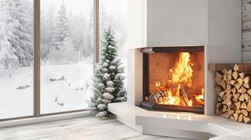 Fireplace with Fire and Christmas Tree in Winter Scene photo