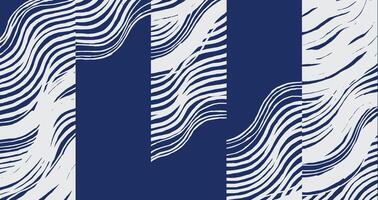 Hand drawn brush line abstract waves and water patchwork pattern in white and blue, Japanese and ethnic folk wood carving, block print texture background, simple graphic for textile, decoration vector