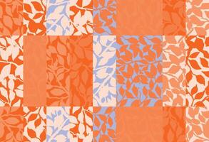 Seamless botanical pattern with layered leaves in a modern patchwork layout. Warm terracotta, soft peach, and pastel blue hues create a fresh, organic look for textile and surface design. vector