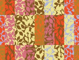 Colorful patchwork leaf seamless pattern in vibrant retro tones. Hand drawn botanical elements in orange, yellow, pink, and brown create a playful and vintage vibe for textiles and surface design. vector
