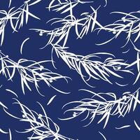 Elegant seamless botanical pattern with hand drawn white willow leaves on deep navy background. Flowing and minimal, perfect for textile prints, fashion design, gift wrap, and modern decor. vector