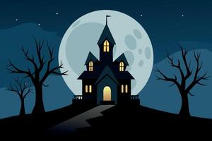escalofriante Víspera de Todos los Santos obsesionado casa ilustración oscuro noche escena con lleno luna, silueta árboles, y brillante ventanas vector