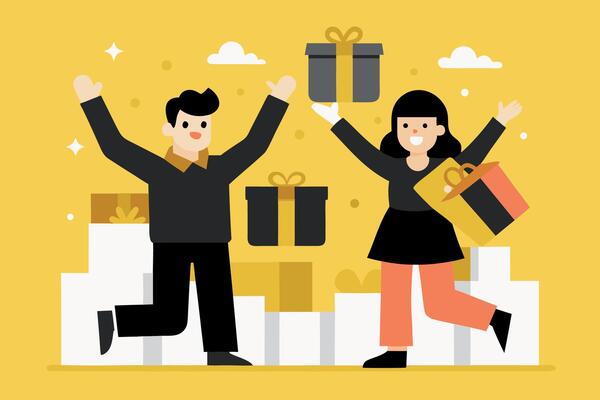 Happy people celebrating with gifts and shopping bags after a successful purchase