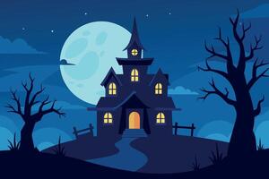 escalofriante Víspera de Todos los Santos obsesionado casa ilustración oscuro azul noche escena con lleno luna, silueta árboles, y brillante ventanas vector