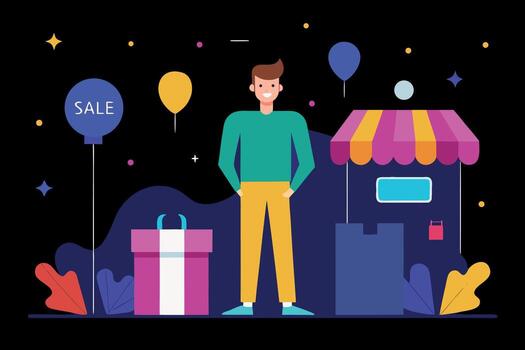 A smiling man stands in front of his shop with balloons and presents on a dark background vector