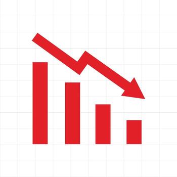 Red Declining Bar Graph with Downward Arrow. Data Visualization of Business, Finance, or Performance Decrease vector