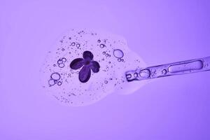 The beautiful texture of the serum with bubbles and a lilac flower pours out of the pipette. photo