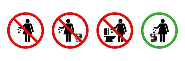 Woman please throw litter in the bin. No toilet pictogram icon. Allowed to throw napkin, paper, pads, towel in waste bin pictogram. No flush litter in toilet sign. Throw out the trash icon. vector