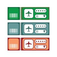 colorful airplane ticket set illustration. travel boarding pass with barcode, plane icon, rating stars, and location symbol. modern flat design in green, blue, and red variants vector