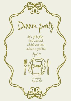 Vintage Dinner Party Invitation Card In Aesthetic Hand Drawn Oval Whimsical Ribbon And Bow Frame Outline Printable