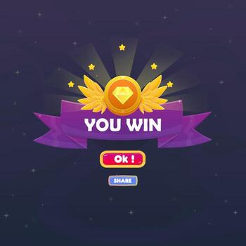 You Win Game UI Badge Pop Up Icon Page Casino Reward Prize Premium Coin Stars Wings Ribbon Magic Shine Buttons Cartoon Cute vector