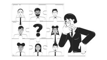 Finding missing piece in HR puzzle problem doodle outline animation. Female manager pondering over recruitment challenge animated sketch 2D concept isolated on white. 4K motion graphic video
