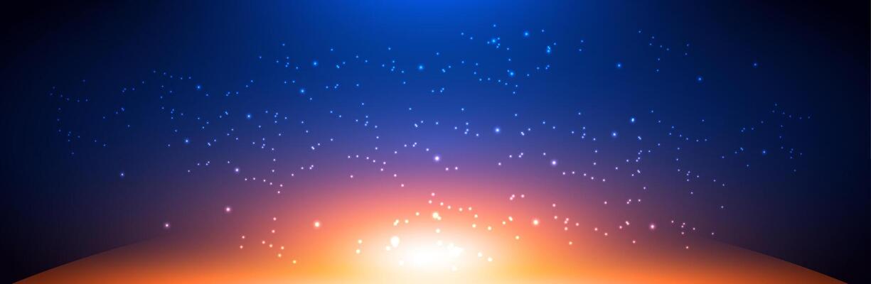 Abstract glowing background with colorful gradient stars and light particles on dark blue background. Perfect for digital design, web headers and futuristic presentation themes.