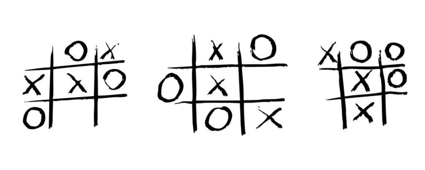 Tic Tac Toe game sketch crayon hand drawn grid. Chalk drawing doodle set board game simple isolated on white background. vector