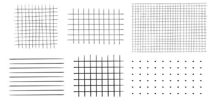 Graph crayon hand drawn textured set square grid for note, geometric line texture. Collection Crayon or pencil stripes, dots for bullet journal pages. vector