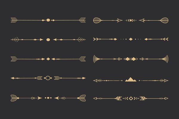 Set golden tribal ethnic arrow dividers, native indian bow boho in doodle style isolated on dark background. Collection borders, decoration elements