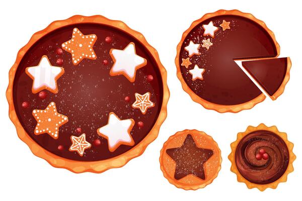 Set Christmas chocolate cake, pie with cranberries, star shape gingerbread traditional holiday dessert cut slice top view in cartoon style isolated on white background