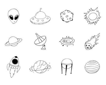 Space set with alien, meteor planets and spaceship line sketch hand drawn illustration. Set cosmic doodle elements. vector