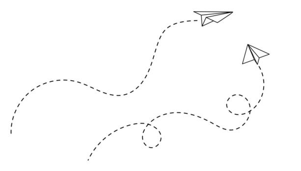 Paper plane with line path for flight or fly through air by outline. Aeroplane or jet shown with track and craft shape vector