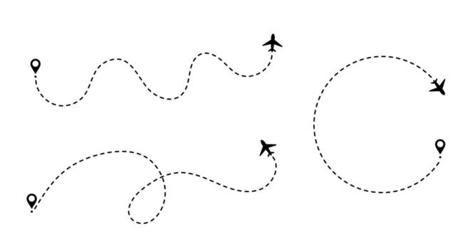 Plane flight with path on air map. Route and trip traced by dot toward the airport or destination. vector