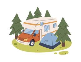 Camping car with tent in forest vector