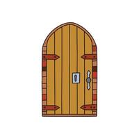 Illustration of a heavy wooden castle door with metal hinges drawn simply vector