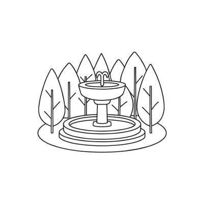Doodle of a stone fountain encircled by leafy trees