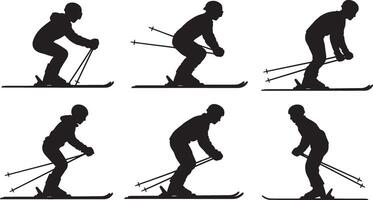 Six black silhouette skiers in various poses on white background skiing winter sport vector