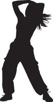 Black silhouette of a woman dancing with arms raised and hair flowing female dancer vector