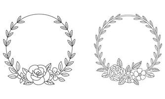 Two black and white floral wreaths with leaves and flowers outline illustration vector