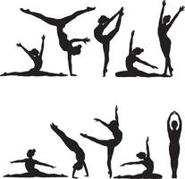 Black silhouettes of women performing various ballet and gymnastic poses gymnastics vector