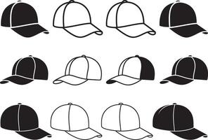 Twelve baseball caps in black silhouette and outline styles headwear sports hat vector