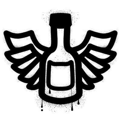 Winged beer bottle graffiti with black spray paint