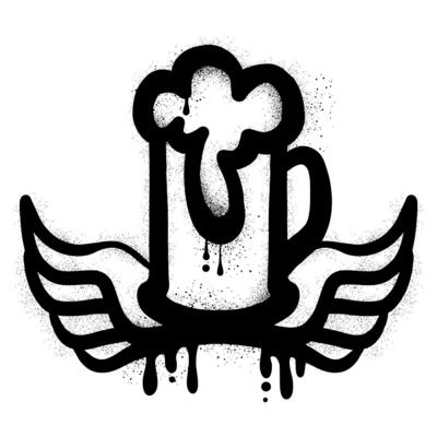 Winged graffiti beer mug with black spray paint splatter