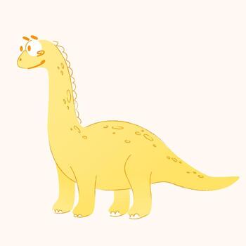 un dibujos animados amarillo dinosaurio con un largo cuello y simpático expresión. eso soportes en un ligero fondo, exhibiendo sus juguetón diseño y vibrante color. vector